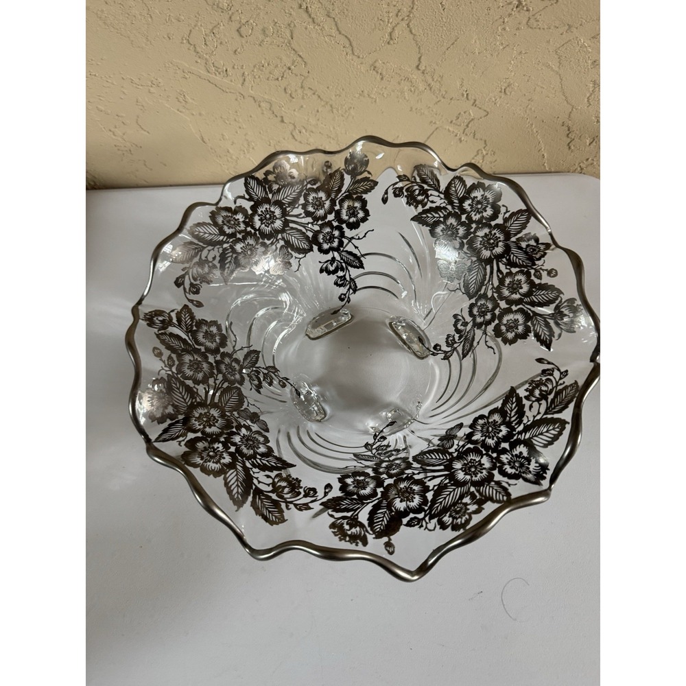 11.5" Silver City Glass 4-Footed Console Bowl Silver Overlay Flanders Floral‎